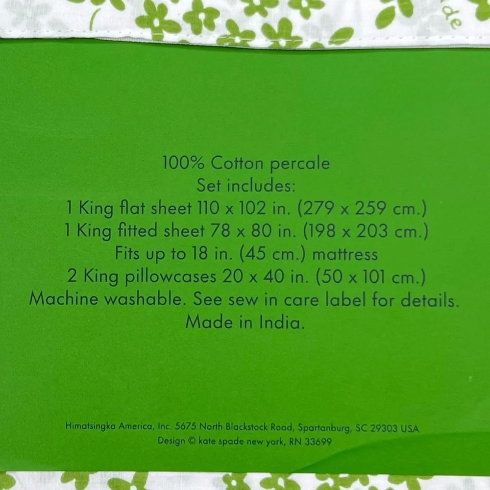 Kate Spade - ‘Green Floral’ Cotton King Sheet Set. NWT Firm! Last one!